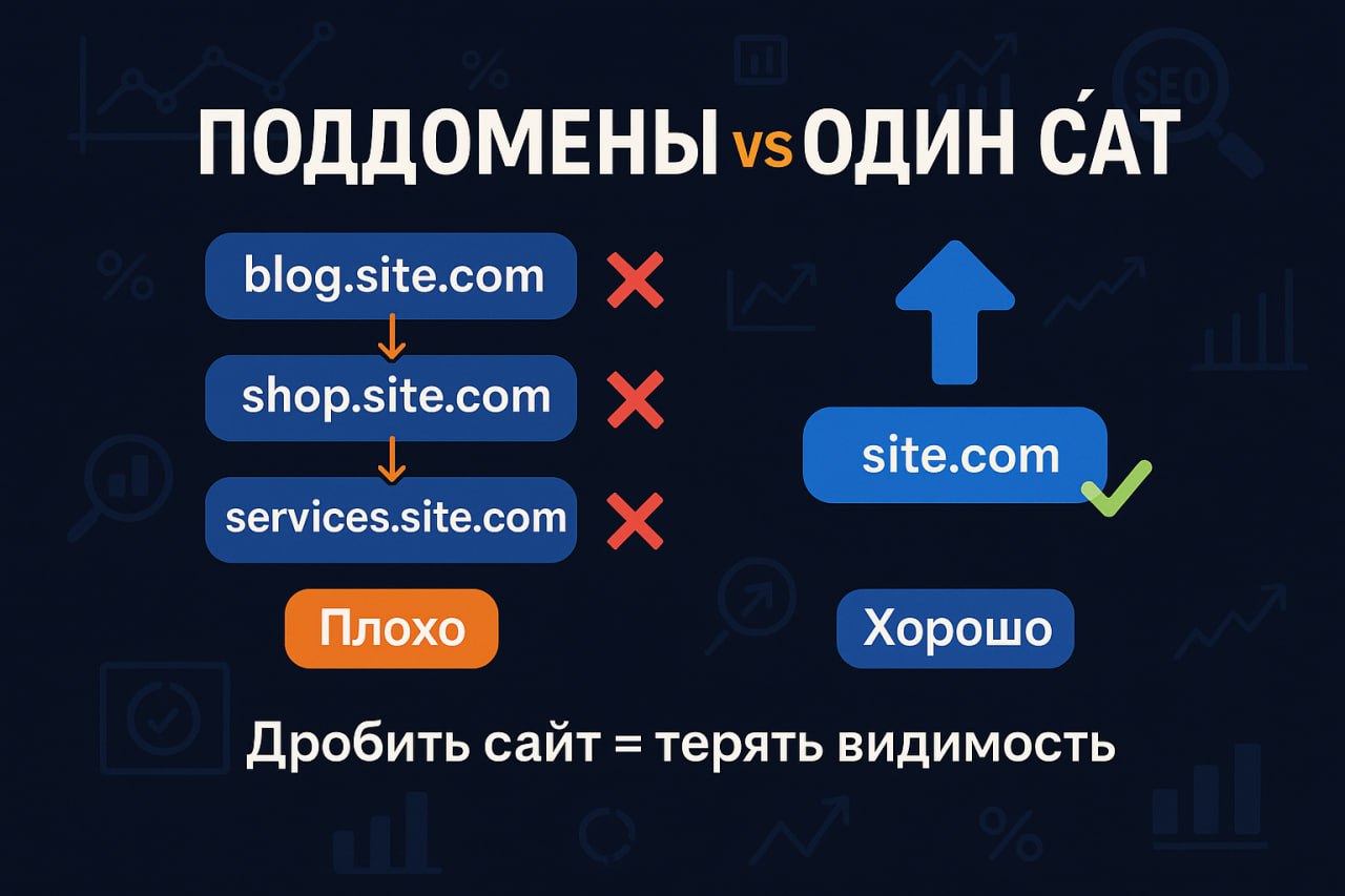 Поддомены vs. один сайт: почему дробить структуру — плохая идея?
Сегодня разберём, почему вынос разделов сайта на поддомены (блог, магазин, услуги) часто вредит видимости и усложняет продвижение | Сетка — социальная сеть от hh.ru