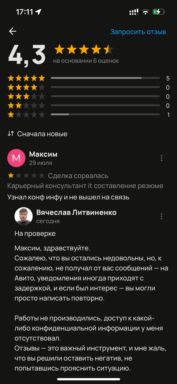 Первый плохой отзыв.
Обидно. Не потому что “испортил статистику”, а потому что я правда стараюсь.
Я вовлекаюсь, помогаю, отвечаю.
Даже когда не покупают, даже когда просто пишут «посмотрите» | Сетка — социальная сеть от hh.ru