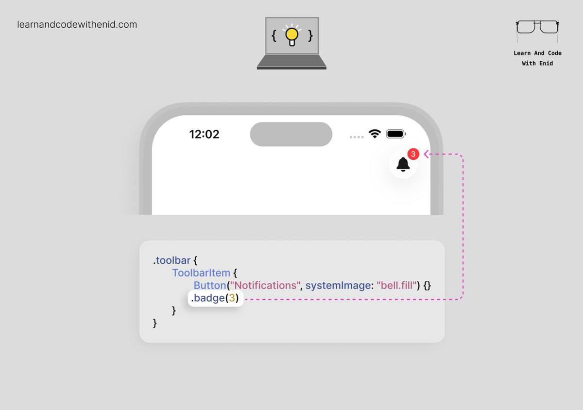 Новое в SwiftUI
В iOS 26.0+ теперь можно отображать бейджи на элементах тулбара с помощью модификатора badge().
Отлично подойдёт для таких кнопок, как уведомления, корзина или сообщения | Сетка — социальная сеть от hh.ru