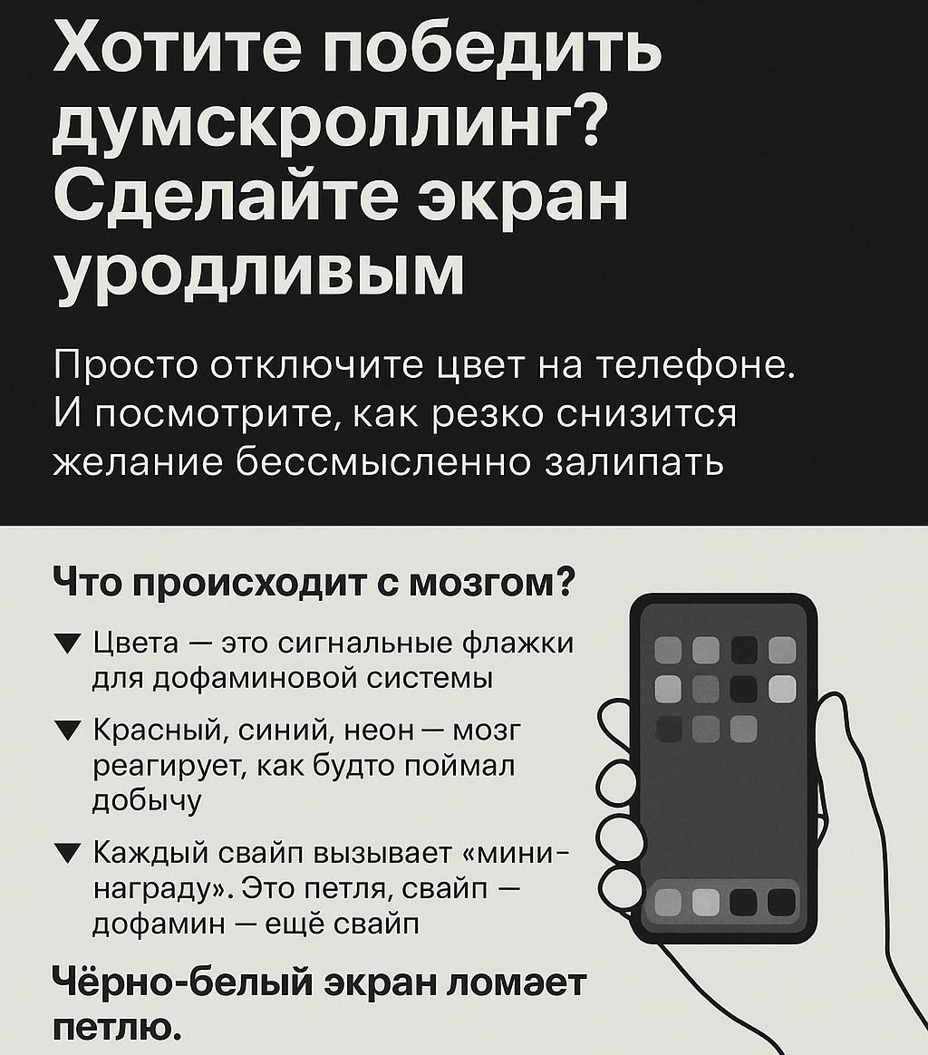 🧠 Хотите победить думскроллинг? 
Ловите лайфхак - 
Отключите цвет!
Да, именно так. Не качайте приложения. Не читайте книги по цифровому детоксу. Просто отключите цвет на телефоне | Сетка — социальная сеть от hh.ru