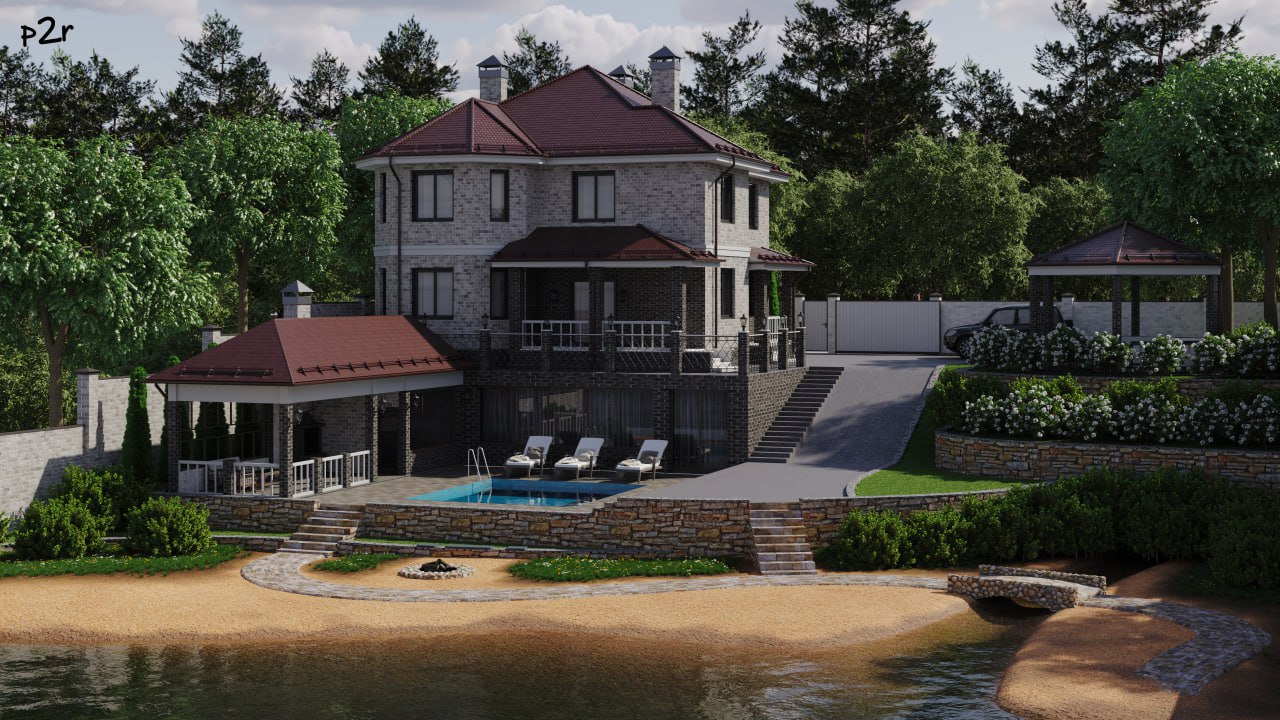 Представляем 3D-визуализацию уютного коттеджа с продуманным экстерьером и благоустроенной территорией | Сетка — социальная сеть от hh.ru