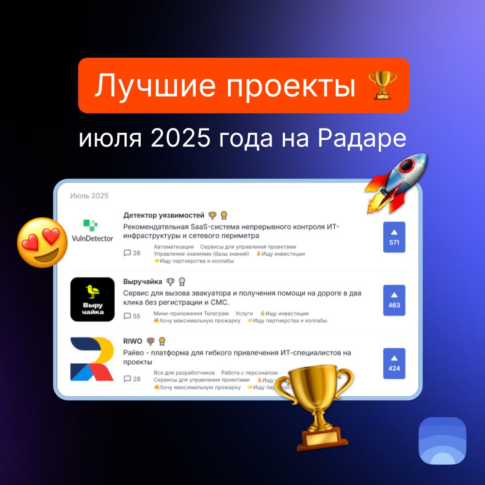 Лучшие проекты июля 2025 на Радаре
🏆Продукт июля №1 — Детектор уязвимостей
Рекомендательная SaaS-система непрерывного контроля ИТ-инфраструктуры и сетевого периметра | Сетка — социальная сеть от hh.ru