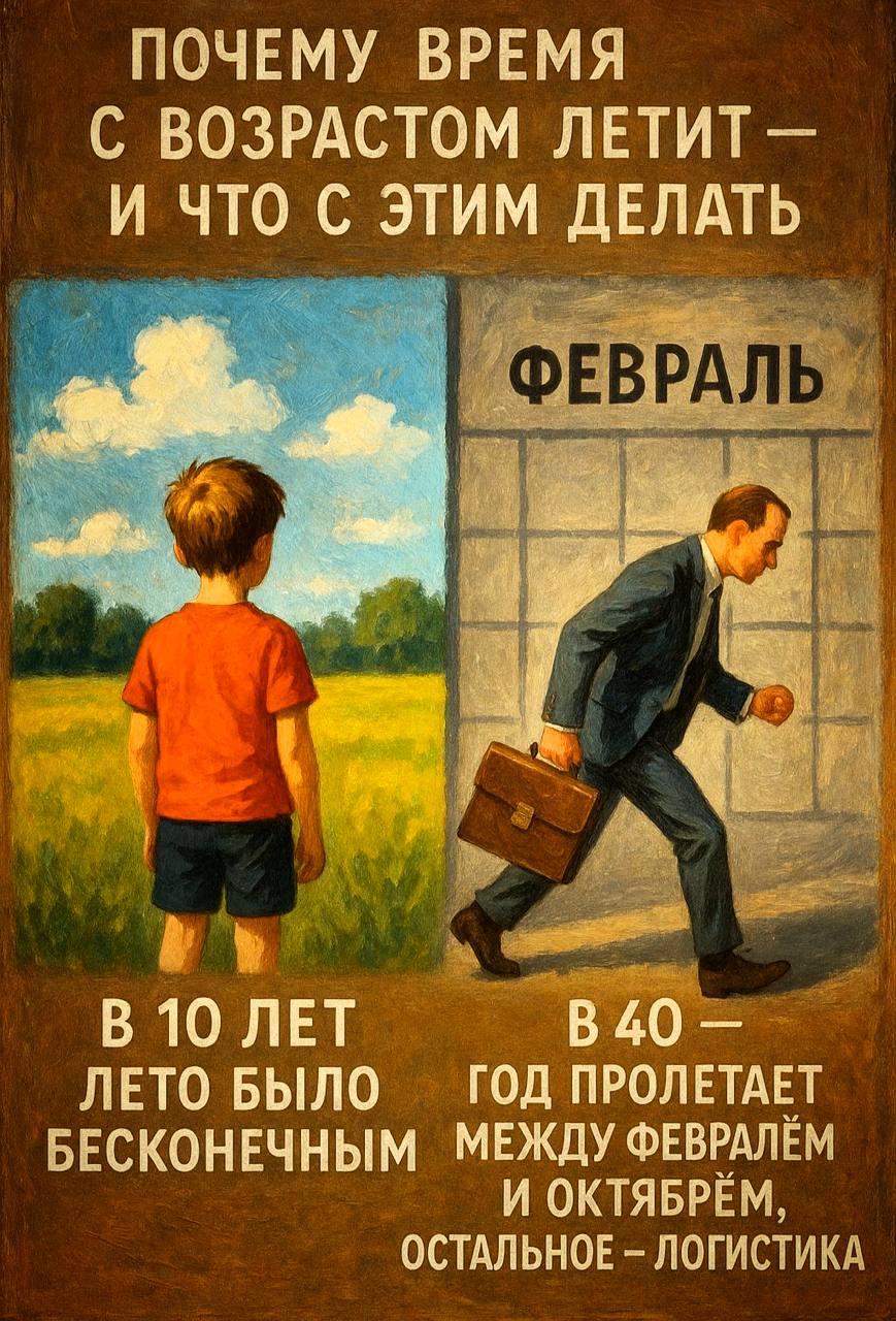 ⏳ Почему время с возрастом летит — и что с этим делать
В 10 лет лето было бесконечным. В 40 — год пролетает между февралём и октябрём, остальное — логистика.
Вот что важно понимать.
1 | Сетка — социальная сеть от hh.ru