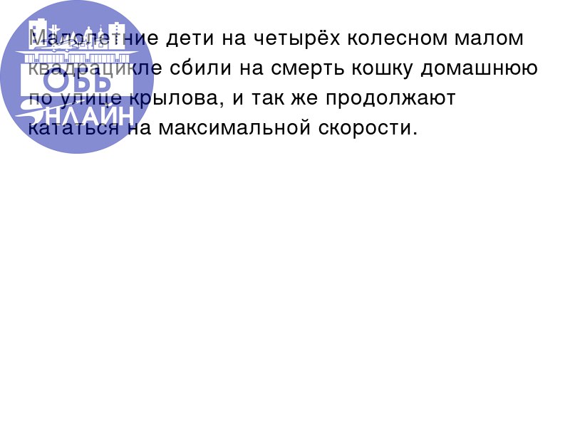 ↗ Малолетние дети на четырёх колесном малом квадрацикле сбили на смерть кошку домашнюю по улице крылова, и так же продолжают кататься на максимальной скорости.
vk.com
Подробнее на https://vk.com/ob | Сетка — социальная сеть от hh.ru