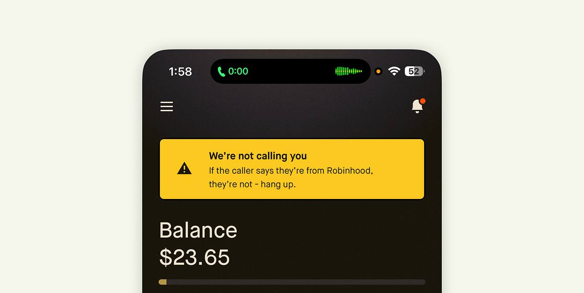Если открыть приложение Robinhood (мобильный сервис для инвестиций и торговли акциями) во время звонка, появляется предупреждение: «Мы не звоним вам | Сетка — социальная сеть от hh.ru