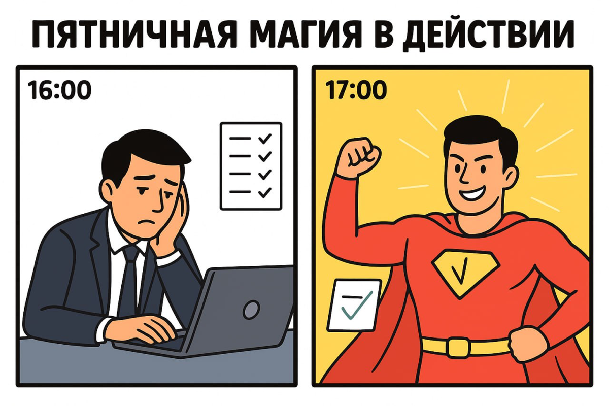 Пятничная магия: почему задачи решаются за час до конца недели
В пятницу в 16:00 случается чудо: то, что лежало неделю, внезапно делается за час. Знакомо? Это не мистика — это психология дедлайнов | Сетка — социальная сеть от hh.ru