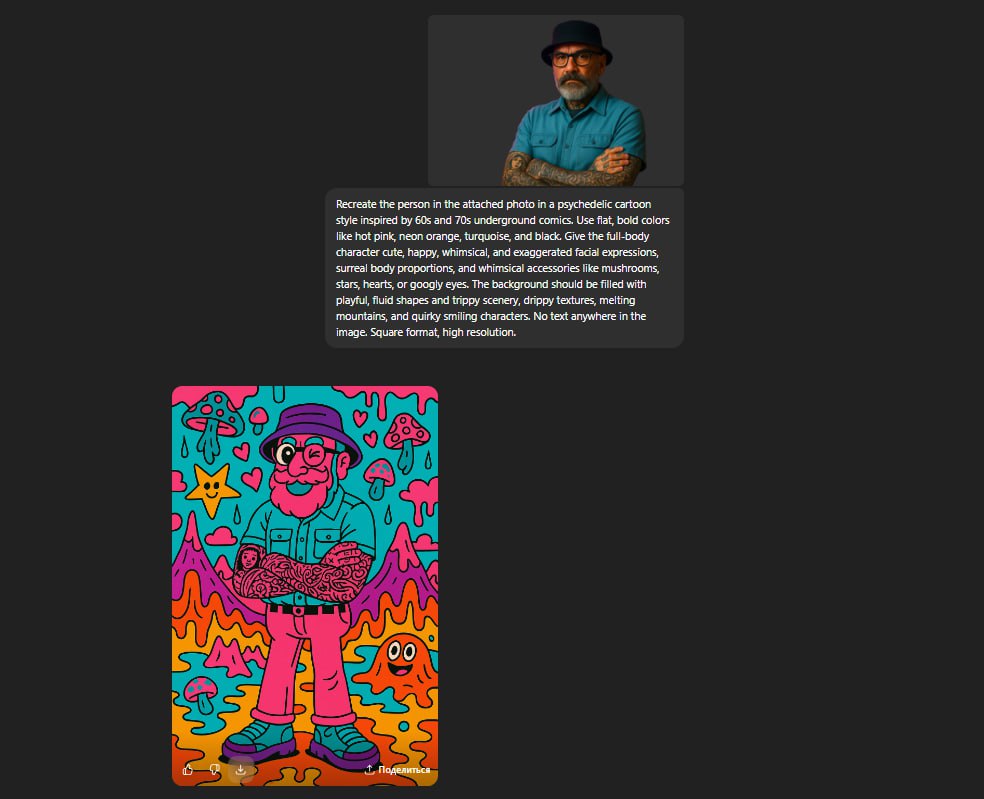 🍄 Преврати себя в психоделического мультяшного персонажа!
Хотите увидеть себя героем андеграундного комикса из 60-х? Этот промпт для ChatGPT-4o возьмет ваше фото и превратит его в яркий, "триповый" и ... | Сетка — социальная сеть от hh.ru