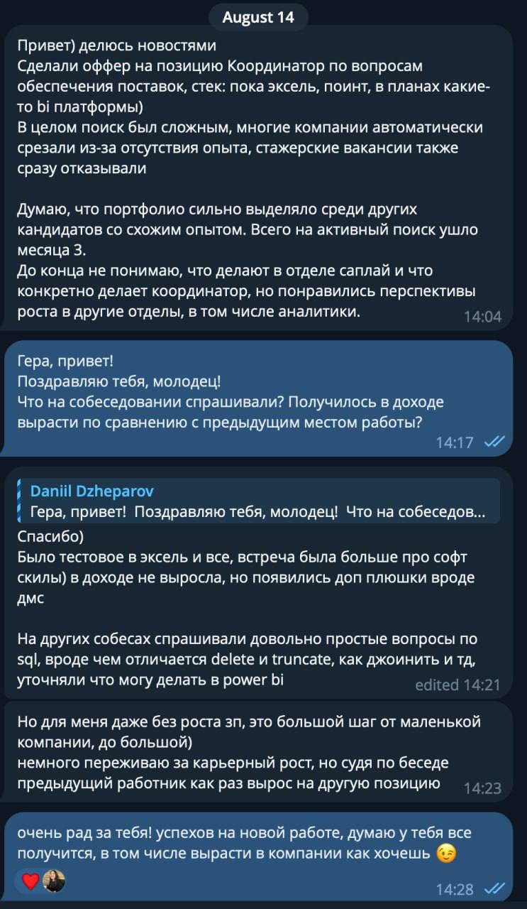 Делюсь с вами новостями от ученицы о трудоустройстве!
Гера, выпускница 9 потока курса "Основы анализа данных", обучалась с марта по май в этом году | Сетка — социальная сеть от hh.ru