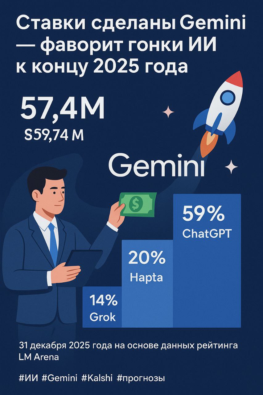 🚀 Ставки сделаны: Gemini — фаворит гонки ИИ к концу 2025 года
Трейдеры на платформе прогнозов Kalshi уверенно ставят на победу Google Gemini в гонке искусственного интеллекта | Сетка — социальная сеть от hh.ru