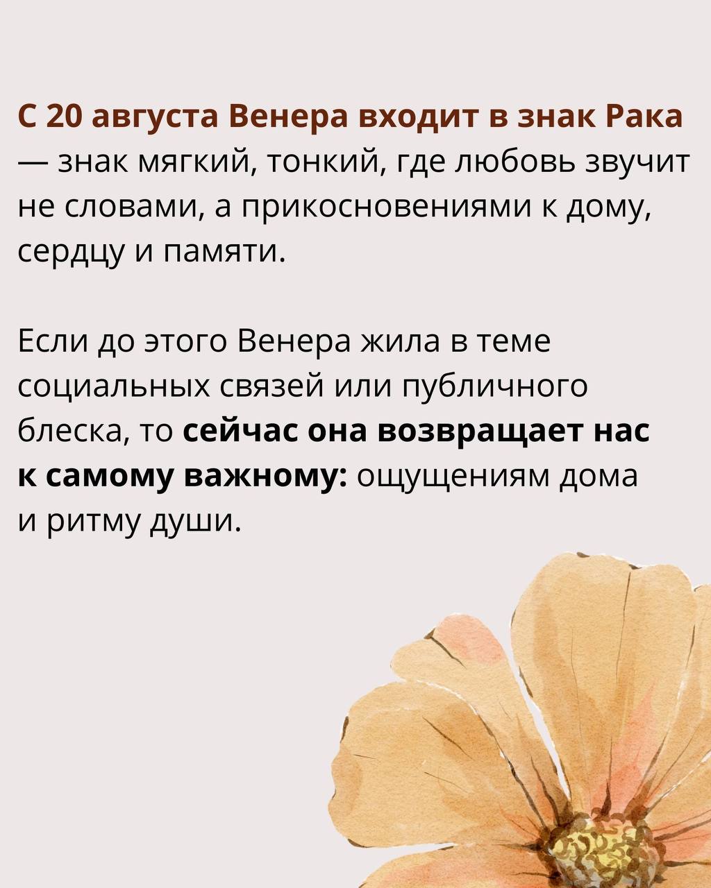 Транзит Венеры в Раке: сентябрь как вектор внутренней близости и заботы
➡️С 20 августа Венера входит в знак Рака — знак мягкий, тонкий, где любовь звучит не словами, а прикосновениями к дому, сердцу и... | Сетка — социальная сеть от hh.ru