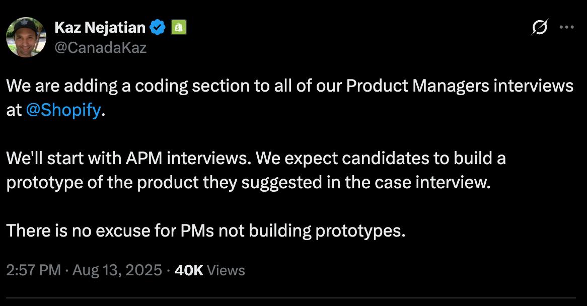Kaz Nejatian (COO Shopify) объявил, что теперь на интервью для PM будет обязательный coding section (на самом деле не совсем, конечно, coding) | Сетка — социальная сеть от hh.ru