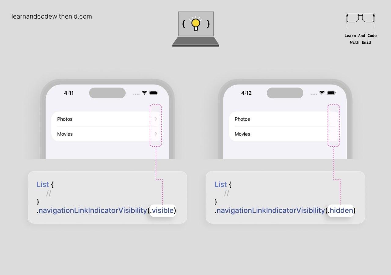 Совет по SwiftUI
В iOS 17.0+ вы можете управлять видимостью стрелки перехода в NavigationLink с помощью модификатора navigationLinkIndicatorVisibility() | Сетка — социальная сеть от hh.ru