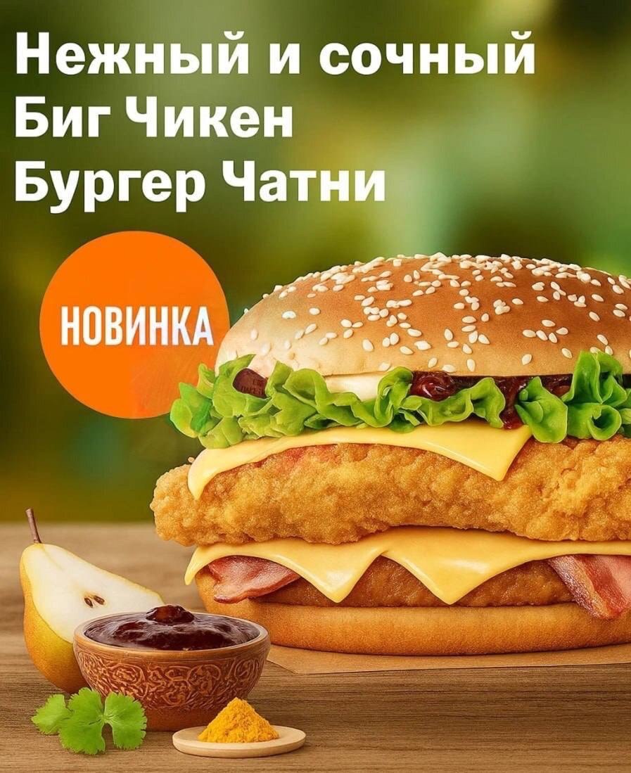Вкусно — и точка начала подавать индийский Биг Чикен Бургер Чатни. Смотрим на состав: курица, бекон, сыр и главное — специальный соус с карри, кардамоном, луком, свежим имбирём и сладкой грушей | Сетка — социальная сеть от hh.ru