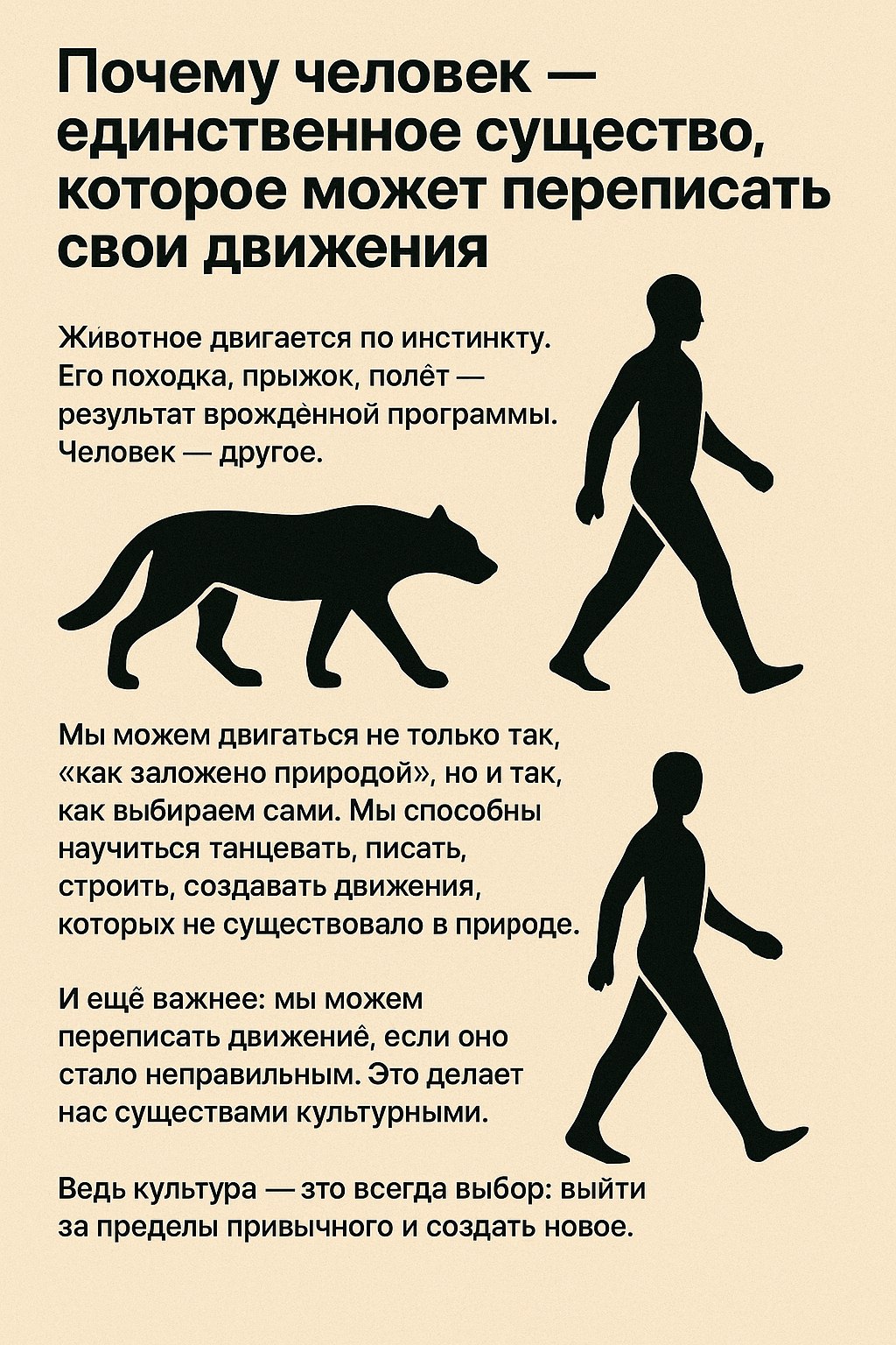 Почему человек — единственное существо, которое может переписать свои движения
Животное двигается по инстинкту. Его походка, прыжок, полёт — результат врождённой программы.
Человек — другое | Сетка — социальная сеть от hh.ru