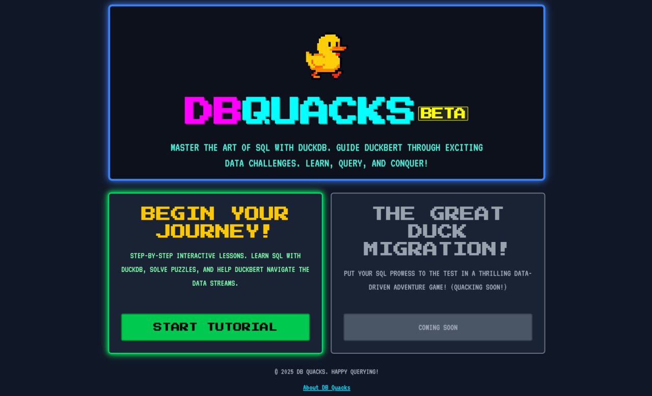 Прокачиваем SQL в формате квеста: вышел бесплатный курс DBQuacks — поможет освоить работу с базами данных и не заскучать.
На каждом уровне есть интерактивный урок в формате истории | Сетка — социальная сеть от hh.ru