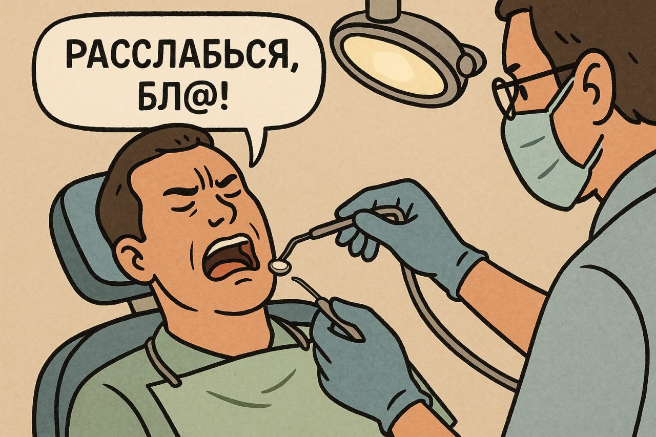 Расслабься, бл@!
Вот такое я сегодня говорил себе, сидя в кресле у стоматолога. Процедура без боли — просто нудная и неудобная.
Каждый раз замечаю: мышцы сами подтягиваются | Сетка — социальная сеть от hh.ru