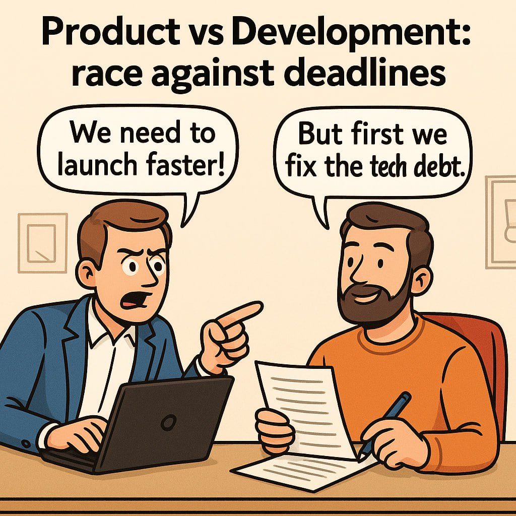 🔥 Продакты vs разработка: вечная гонка сроков
Кто работал в продуктовой команде, знает эту классику:

Продакт: «Нужно быстрее, релиз, клиенты ждут!»
Разработка: «Давайте для начала закроем баги и техд... | Сетка — социальная сеть от hh.ru
