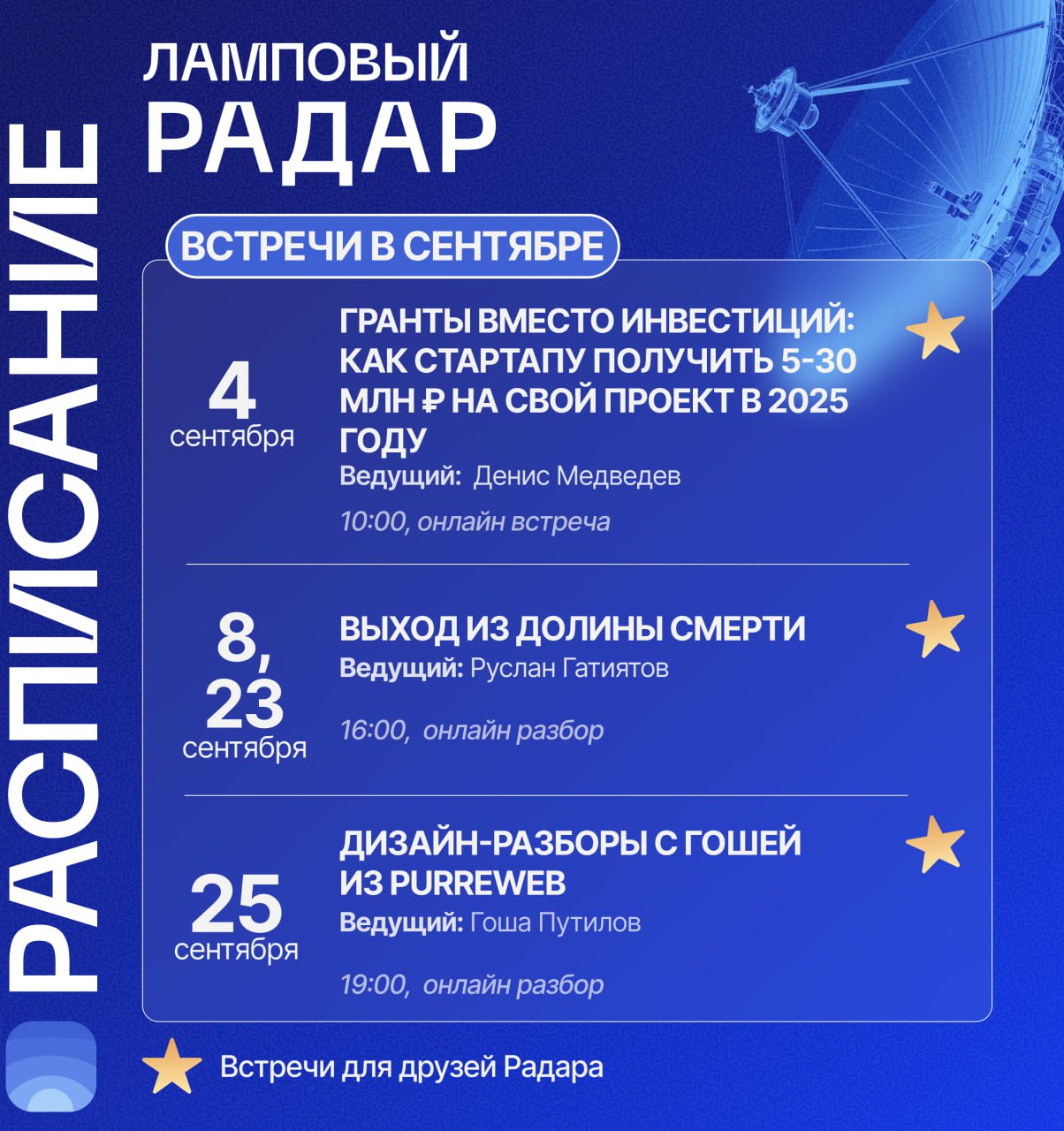 ⚡️ Сентябрь – календарь мероприятий сообщества Product Radar
🖥 Онлайн-встречи для Друзей
Получить доступ в наше закрытое сообщество и возможность ходить на эфиры можно по ссылке:
⭐️productradar | Сетка — социальная сеть от hh.ru