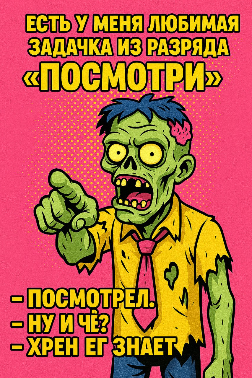 Есть у меня любимая задачка из разряда «посмотри».

Посмотрел.
Ну и чё?
Хрен его знает.

Ребят, задача без действия - это как бухло без закуси: весело пять минут, потом блевать тянет | Сетка — социальная сеть от hh.ru