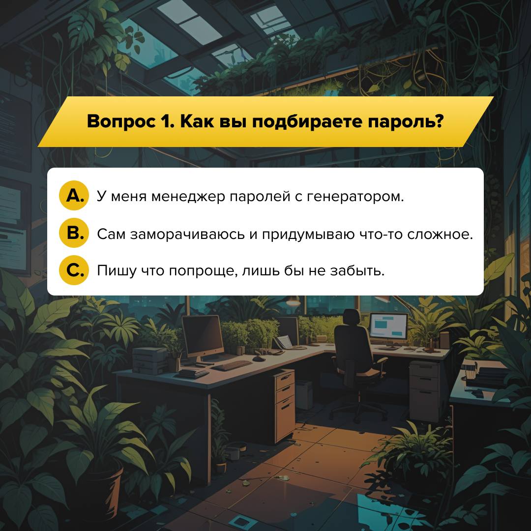 Киберпортрет 👾
5 простых вопросов, чтобы узнать свой киберпортрет.
Отвечайте честно — здесь нет правильных или неправильных вариантов. | Сетка — социальная сеть от hh.ru