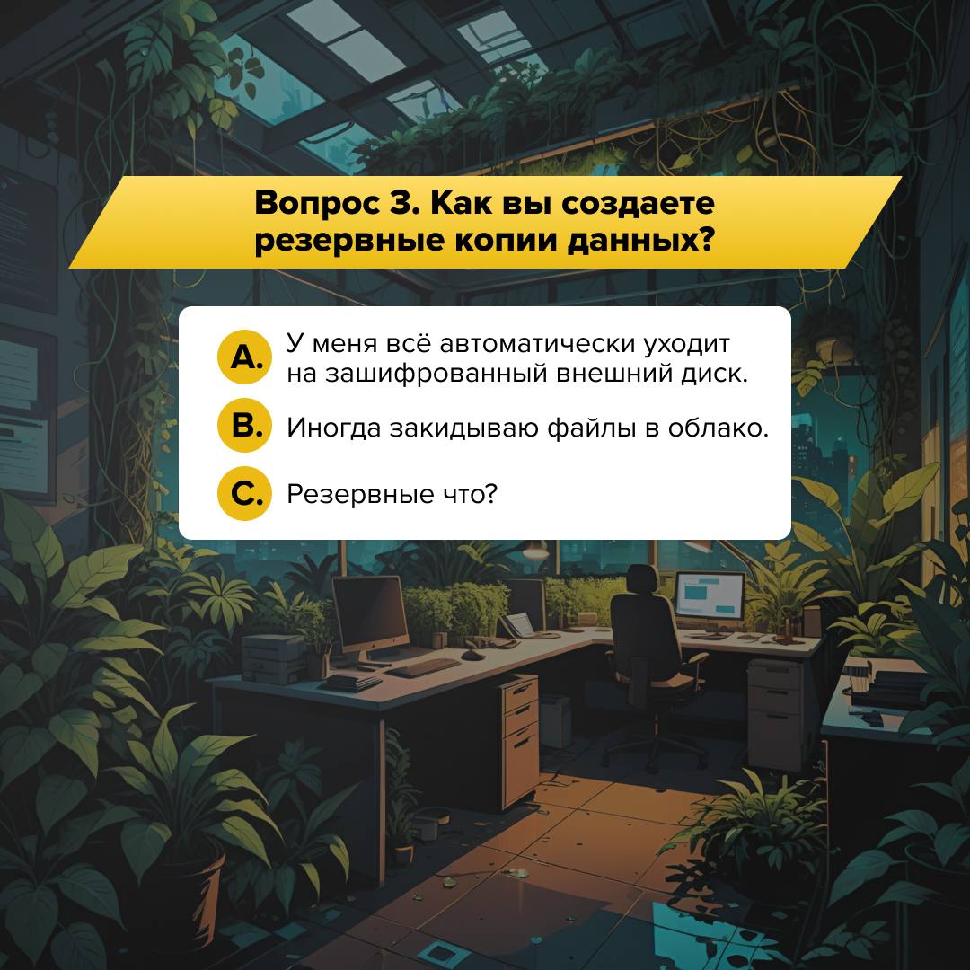 Киберпортрет 👾
5 простых вопросов, чтобы узнать свой киберпортрет.
Отвечайте честно — здесь нет правильных или неправильных вариантов. | Сетка — социальная сеть от hh.ru