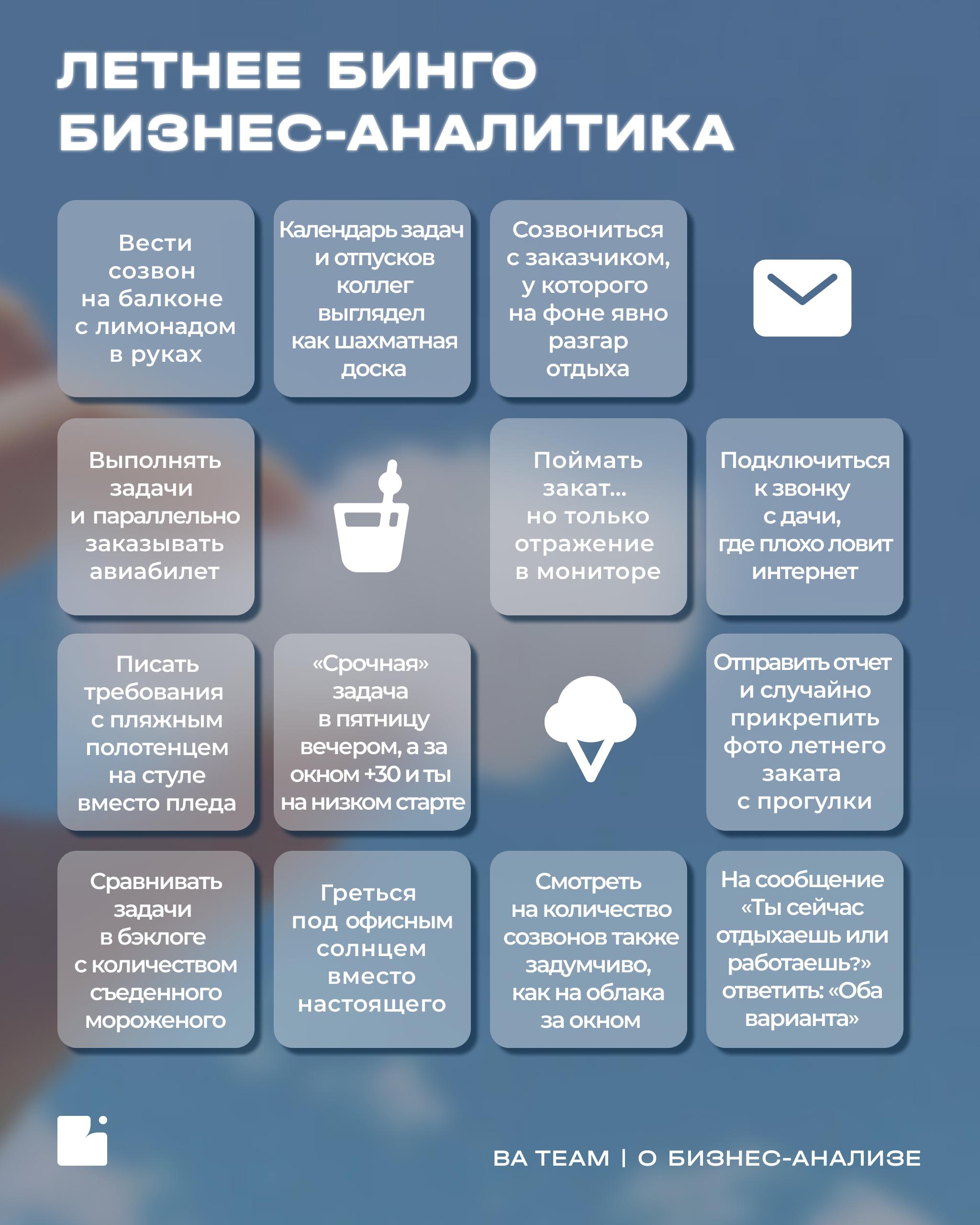 Закрываем летний сезон игрой
Вот оно — летнее бинго бизнес-аналитика! 🗓
Собрали в карточке самые правдивые моменты: от созвона на балконе с лимонадом до плана спринта в одной вкладке и авиабилетов в д... | Сетка — социальная сеть от hh.ru