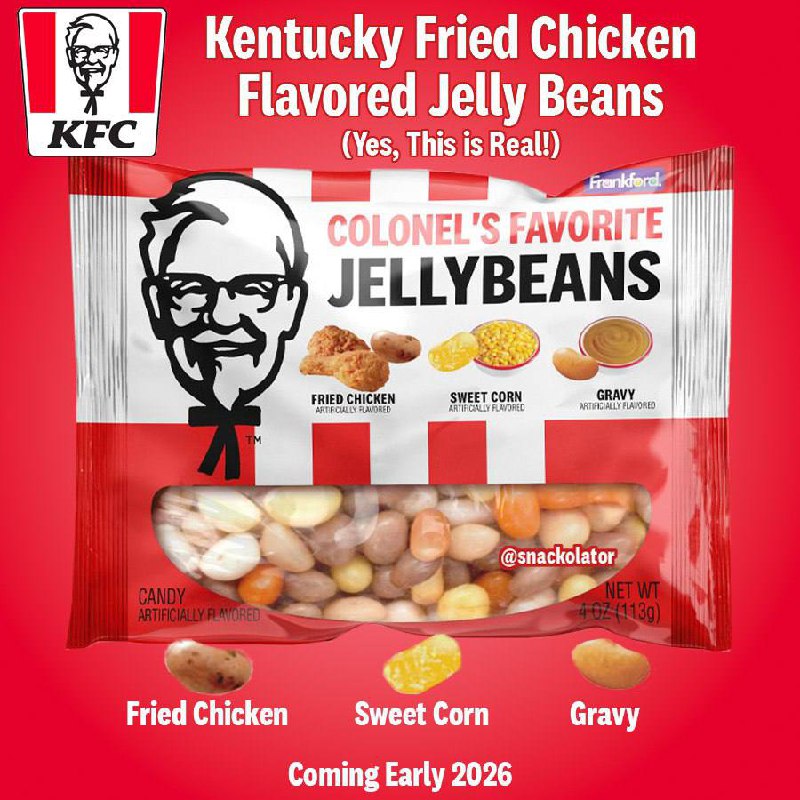 Ого, KFC выпустил желейные бобы со вкусом жареной курочки, сладкой кукурузы и подливки! Дроп намечен на начало 2026.
Я должен это попробовать 🤔 | Сетка — социальная сеть от hh.ru
