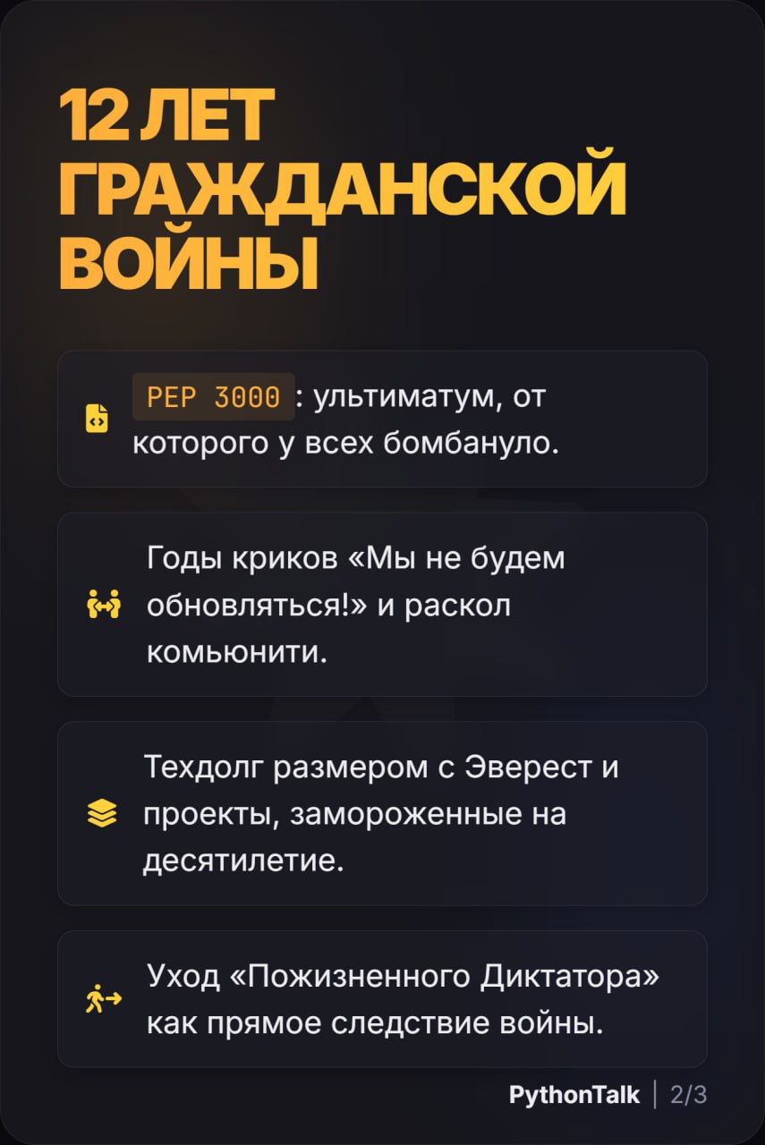 ⚔️ Драма Python 2 vs Python 3 ⚔️
print "Hello" против print("Hello") — казалось бы, мелочь, но именно она стала одним из символов Великого Раскола, который на 10 лет погрузил Python-сообщество в насто... | Сетка — социальная сеть от hh.ru