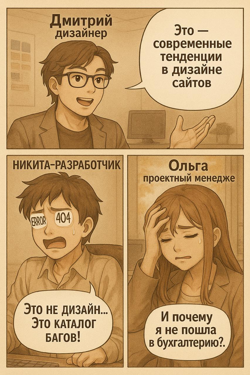 Зачем нужен проектный менеджер?
🍊Рубрика: Воскресная манга
Генерация через ИИ
Мыло кто знает, но прежде цем дизайн дойдет до заказчика, он должен пройти еще внутренний процесс работы ))
Когда спрашива... | Сетка — социальная сеть от hh.ru