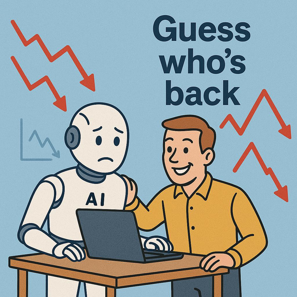 Ну что, друзья, всех с 1 сентября! 🍂
Готовы снова работать в полную силу?
У нас тут, знаете ли, отмена 😆
ИИ, кажется, нас не заменит | Сетка — социальная сеть от hh.ru