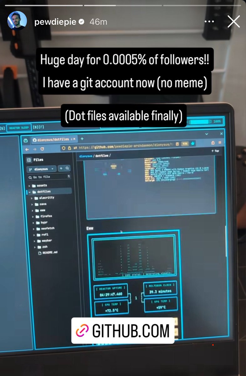 PewDiePie завёл себе GitHub и выложил свои dotfiles для Arch Linux
Оказалось, что легенда сидит на Линуксе, а первым проектом стал собственный набор dotfiles и настроек для Arch | Сетка — социальная сеть от hh.ru