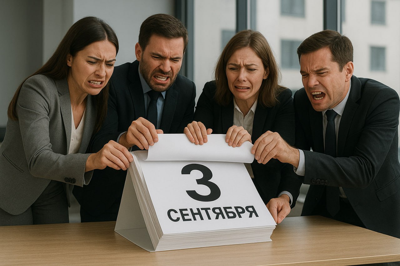"Нарисуй картинку, где офисные сотрудники задолбались переворачивать календарь на 3 сентября"  
Переворачивать будете? Как отмечаете на работе?  
👌 Я Начальник. Журнал руководителя | Сетка — социальная сеть от hh.ru