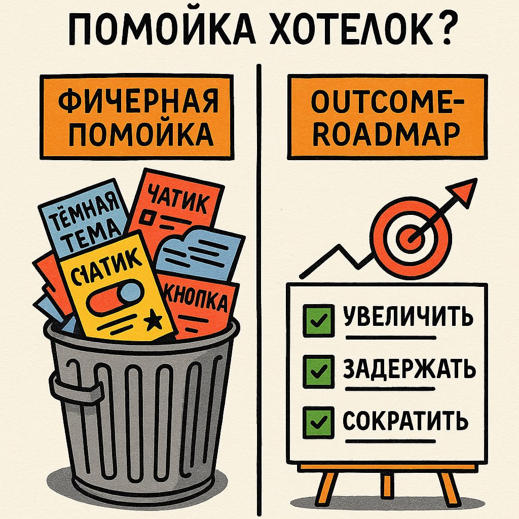 Backlog большинства продуктов — это не план развития, а кладбище хотелок: тёмная тема, чатик в чате, кнопка ради кнопки. И всё это гордо зовётся roadmap’ом | Сетка — социальная сеть от hh.ru