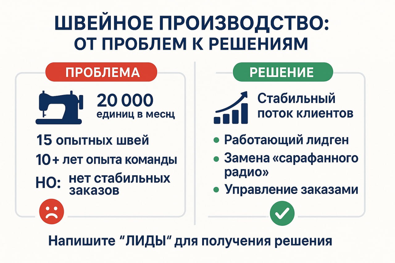 «Шьём 20 000 единиц в месяц, но сидим без заказов к зиме. Знакомо?»
«Андрей, добрый вечер! У меня в производстве работает 15 швей...» — именно так начался наш разговор с владелицей швейного цеха | Сетка — социальная сеть от hh.ru