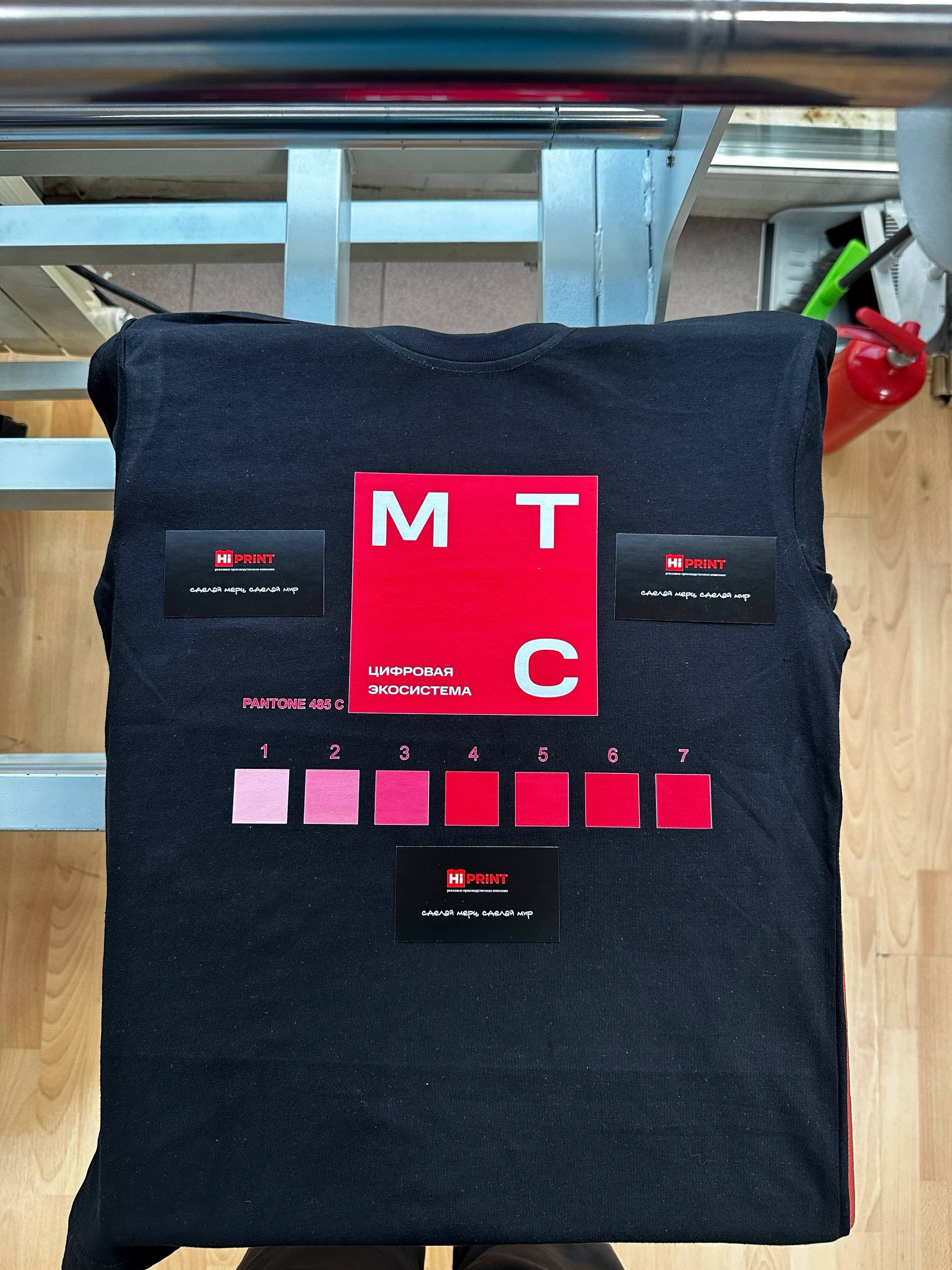Сегодня расскажем про Pantone: как попасть «в тот самый» оттенок в мерче
На фото — наш DTF принт на чёрной футболке + веер Pantone: показываем, как попадаем в тон | Сетка — социальная сеть от hh.ru