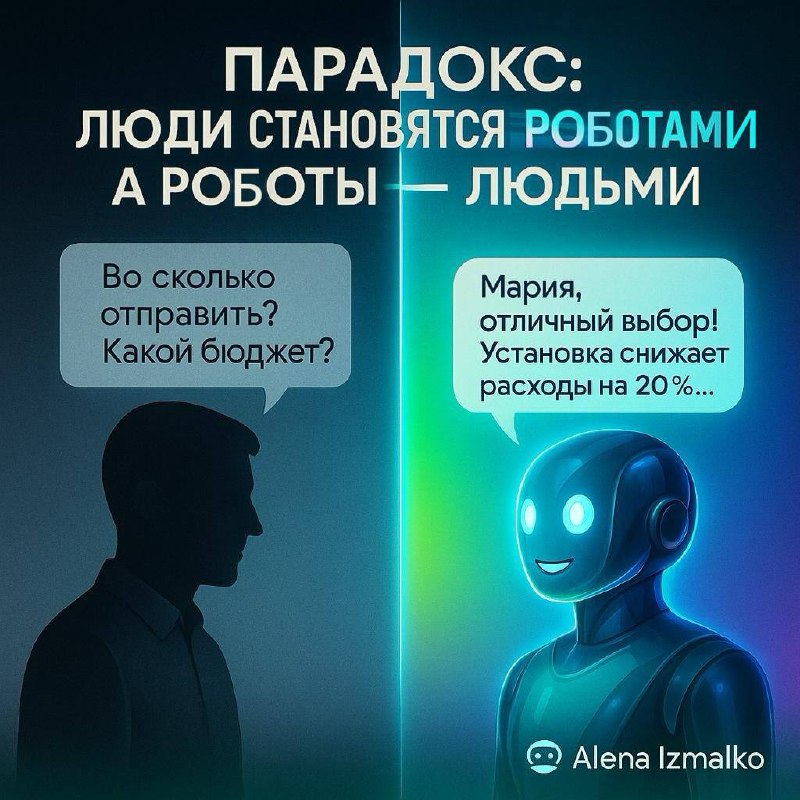 Парадокс нашего времени: люди начинают говорить как роботы.
А роботы - как люди.
Сегодня я обсуждала с фаундером одной компании будущее продаж | Сетка — социальная сеть от hh.ru