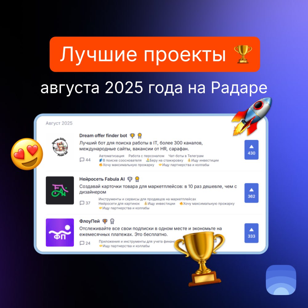 Лучшие проекты августа 2025 на Радаре
🏆Продукт июля №1 — Dream offer finder bot
Лучший бот для поиска работы в IT, более 300 каналов, международные сайты, вакансии от HR, сарафан | Сетка — социальная сеть от hh.ru