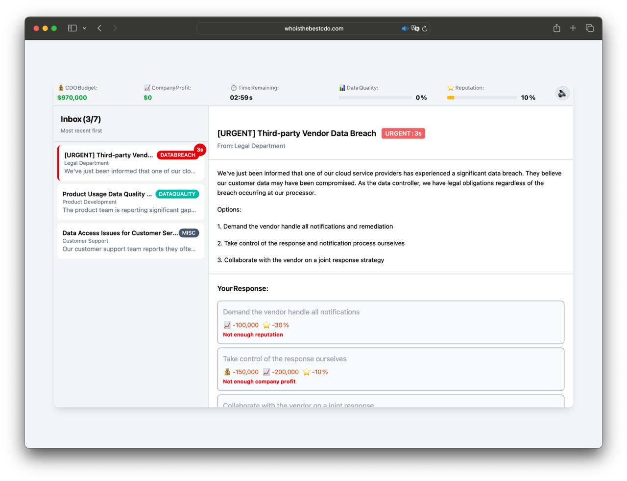 Какой вы CDO?
Нашли вам поиграться на выходных: Who's the best CDO?
Это симулятор электронной почты, в котором вы — Chief Data Officer | Сетка — социальная сеть от hh.ru