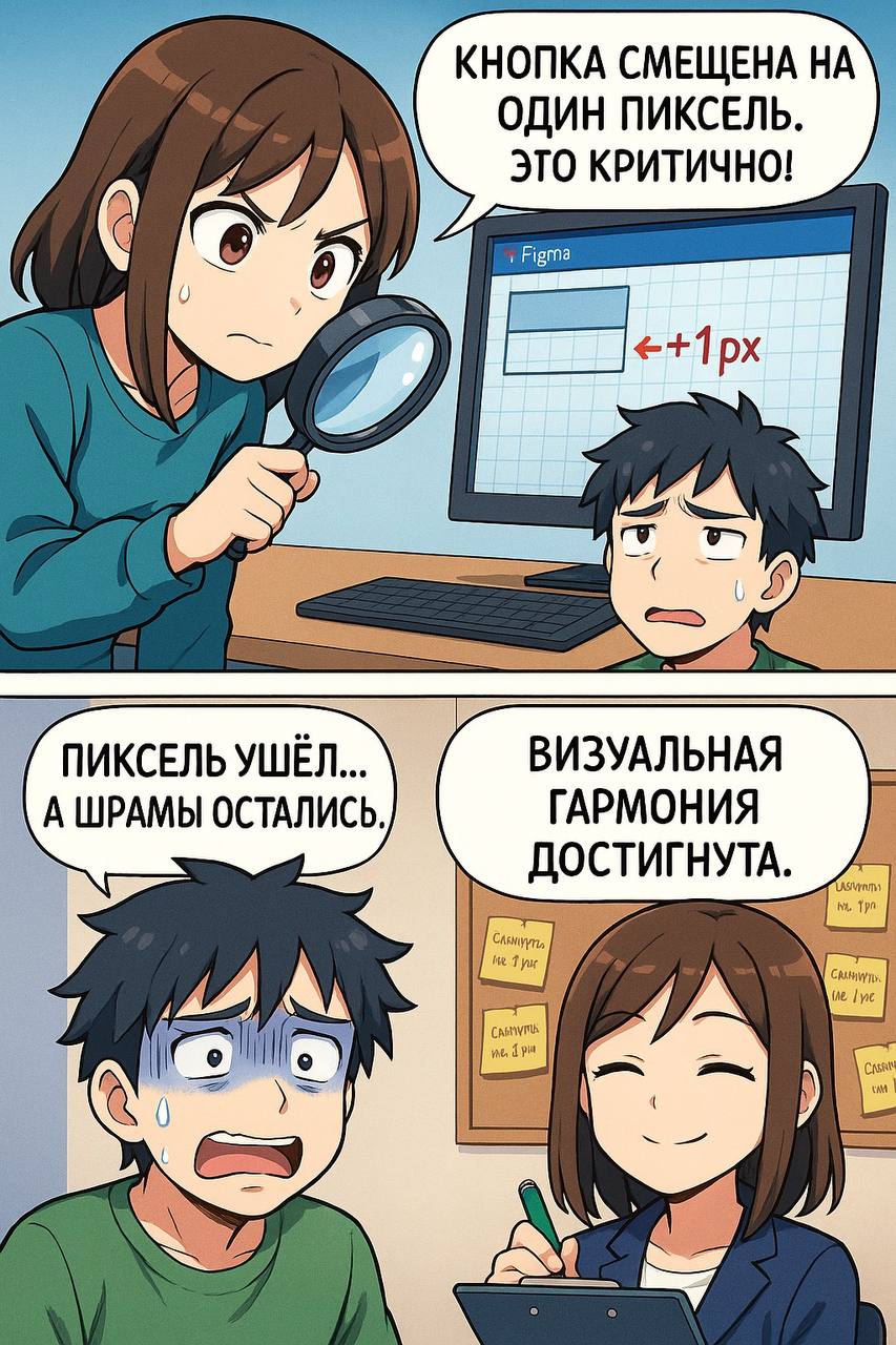 Один пиксель
🍊 Рубрика: Воскресная манга
Генерация через ИИ
Один пиксель может испортить настроение и оставить шрамы.
🗣️ Но именно один пиксель делает продукт совершенным | Сетка — социальная сеть от hh.ru