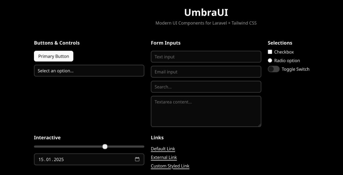 Репозиторий дня: UmbraUI — пакет UI компонентов для Laravel
UmbraUI объединяет гибкость Tailwind с удобством готовых компонентов Bootstrap и Laravel-интеграцией | Сетка — социальная сеть от hh.ru
