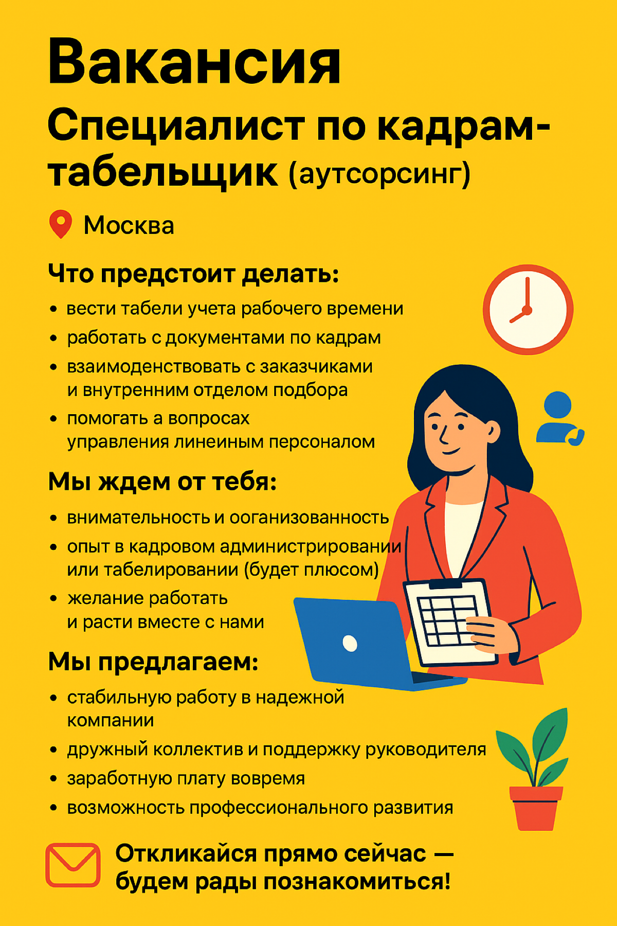 Ищем специалиста по кадрам-табельщика в Москве! | Сетка — социальная сеть от hh.ru