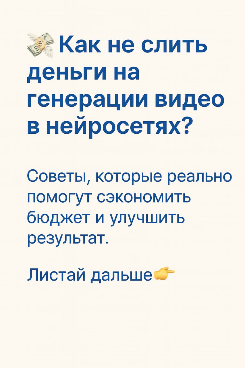 💸 6 советов, которые помогут не слить деньги при генерации видео
Вот тут вы писали, что нужен разбор, как экономить на генерации и не тратить лишнее на бесконечные перегенерации | Сетка — социальная сеть от hh.ru
