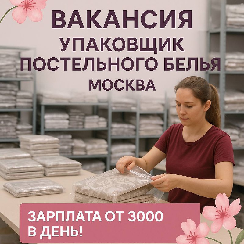 🌸 Вакансия: Упаковщик постельного белья (Москва) 🌸
💰 Зарплата от 3 000 ₽/день
Мы — производственная компания, занимающаяся изготовлением постельного белья | Сетка — социальная сеть от hh.ru
