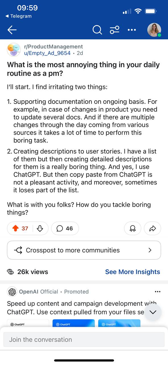 Как набрать апвоутов на Reddit, чтобы потом делать посты о своих продуктах:
1. Пишешь вопрос, в котором люди могут выговориться
2. Собираешь комменты, апвоуты и 20к просмотров
3 | Сетка — социальная сеть от hh.ru