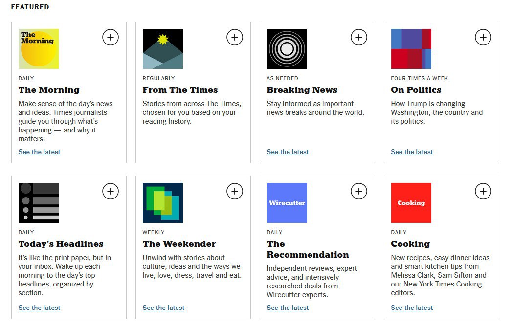 Сколько рассылок вам нужно?
Знаете, что это такое на скрине? 👆 Это подписка на рассылки от New York Times. Вернее, малая их часть: всего на выбор предлагается аж 81 рассылок | Сетка — социальная сеть от hh.ru