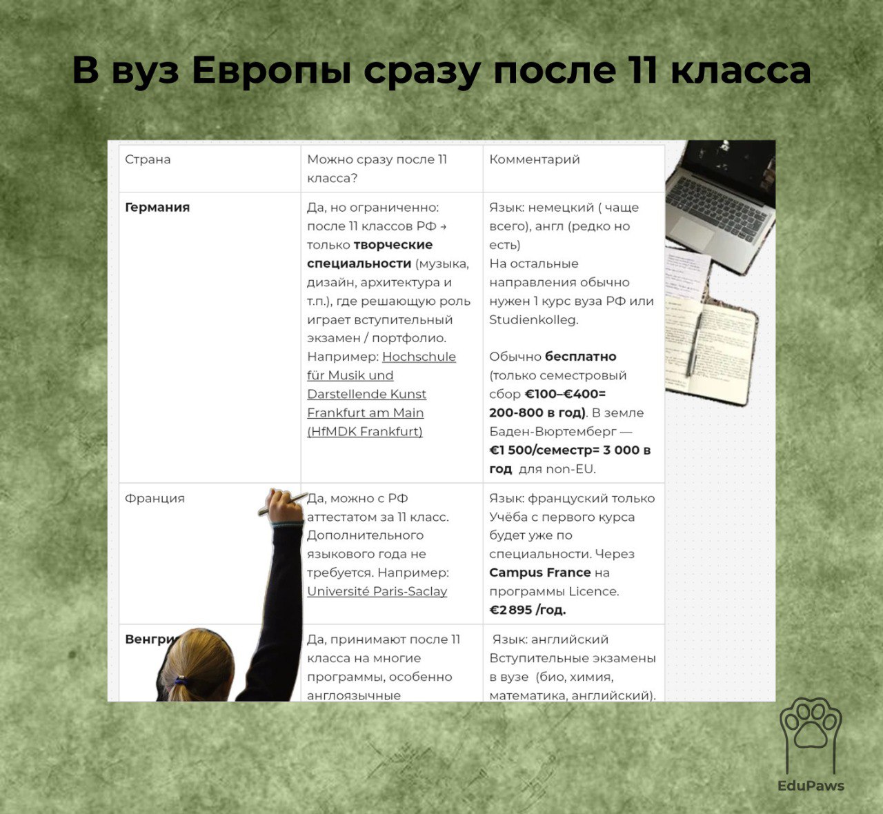 🎓 Хочешь учиться в Европе сразу после 11 класса?
Мы собрали таблицу по 8 странам — где принимают без лишних лет, какие документы нужны, сколько стоит обучение и где можно учиться бесплатно | Сетка — социальная сеть от hh.ru