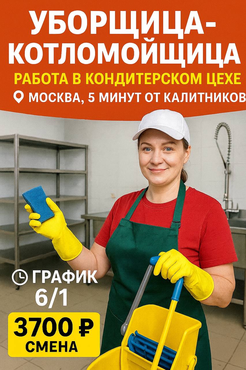 ✨ УБОРЩИЦА–КОТЛОМОЙЩИЦА ✨
🍰 Работа в кондитерском цехе
📍 Москва, 5 мин. от Калитников (МЦД-2)
🧽 Обязанности: мойка тары, уборка цеха и помещений | Сетка — социальная сеть от hh.ru