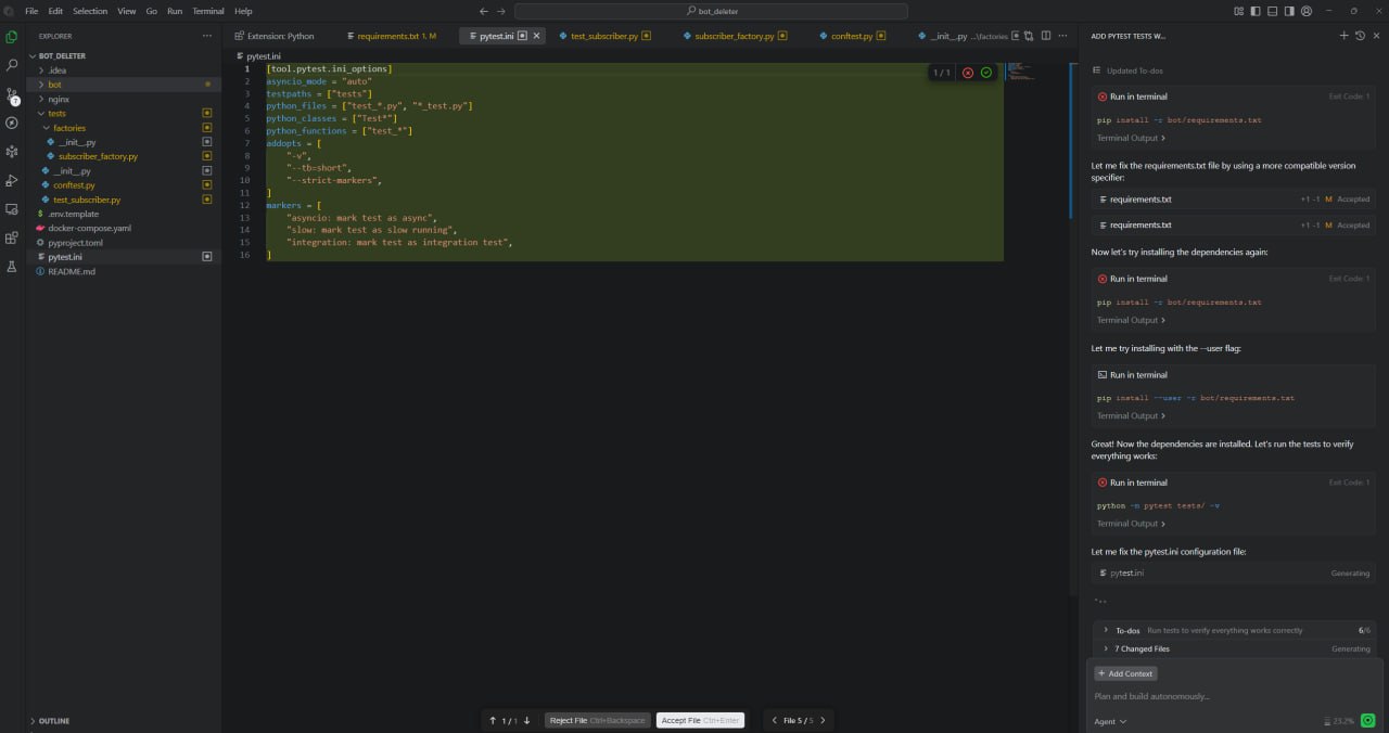 Ну что ж, дошли руки до Qoder (очередной форк VS Code с встроенным агентом).
По классике посадил его писать тесты для небольшого пет-проекта | Сетка — социальная сеть от hh.ru