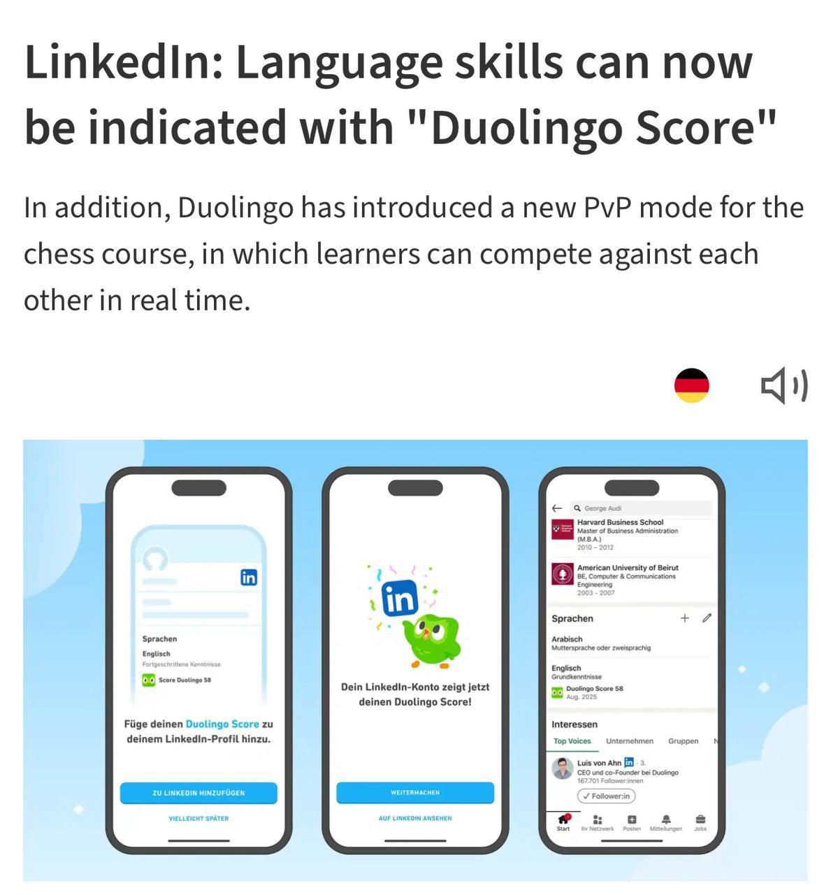 LinkedIn в колабе с Duolingo теперь будет отображать уровень владения иностранным языком.
Для этого нужно синхронизировать свои учетные записи | Сетка — социальная сеть от hh.ru