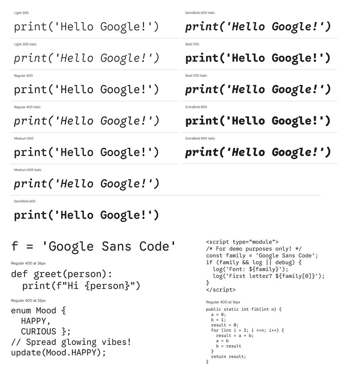Google Sans Code. Новый моноширинный шрифт Google для работы с кодом.
Отличается удобочитаемостью, оптимизацией для мелкого размера и продуманным наклонным начертанием. Не поддерживает кириллицу | Сетка — социальная сеть от hh.ru